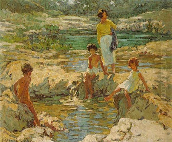 Mother And Children By A Pool Oil Painting by Dorothea Sharp