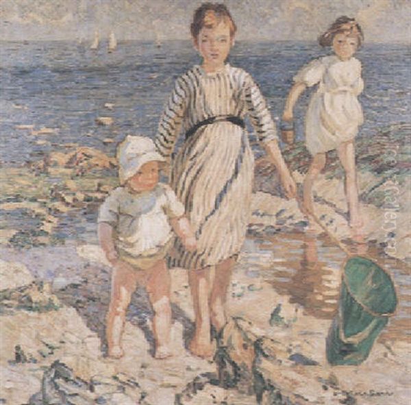 Children Playing Amongst Rock Pools Oil Painting by Dorothea Sharp