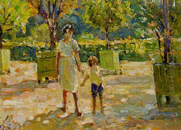 The Tuileries, Paris - Mother And Young Boy Oil Painting by Dorothea Sharp