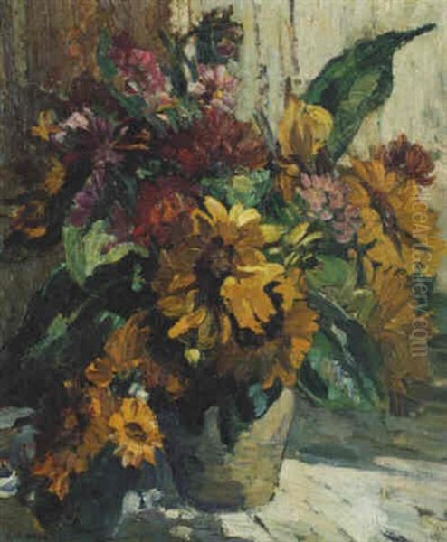 Still Life With Sunflowers, Stocks, Chrysanthemums And Arum Lilies Oil Painting by Dorothea Sharp