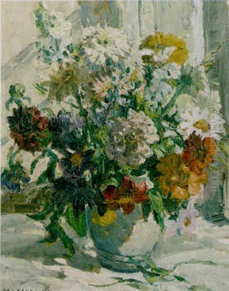 Summer Flowers In A Stoneware Jug Oil Painting by Dorothea Sharp