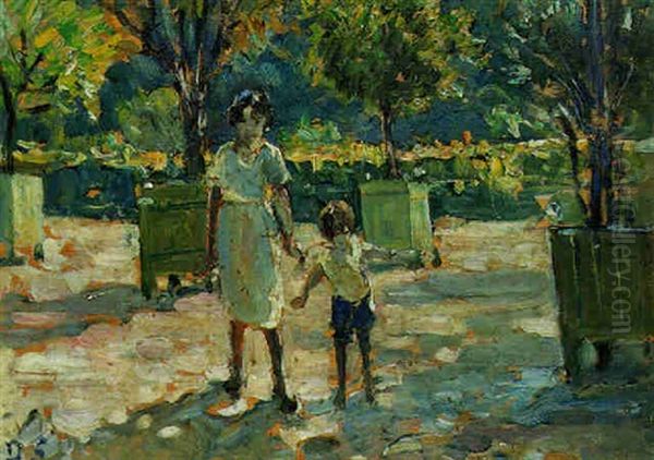 The Tuilleries, Paris - Mother And Young Boy Oil Painting by Dorothea Sharp