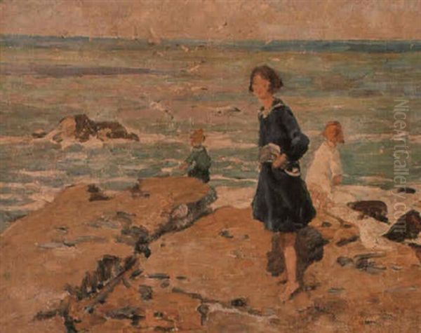 Girls On A Seashore, Cornwall Oil Painting by Dorothea Sharp