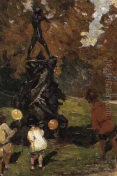Children By The Peter Pan Monument, Kensington Gardens Oil Painting by Dorothea Sharp
