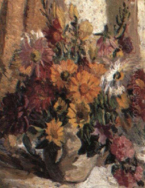 Summer Flowers In A Stoneware Vase Oil Painting by Dorothea Sharp