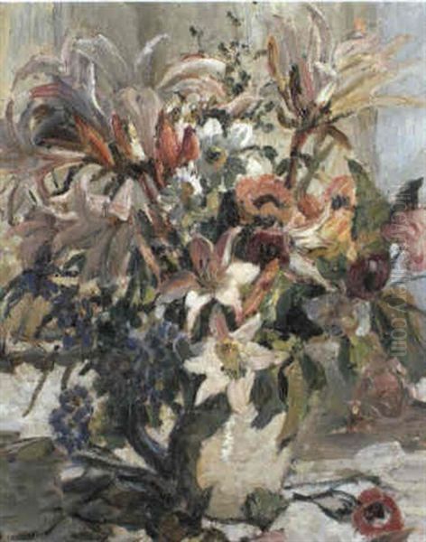 A Spray Of Summer Flowers In An Earthenware Vase Oil Painting by Dorothea Sharp