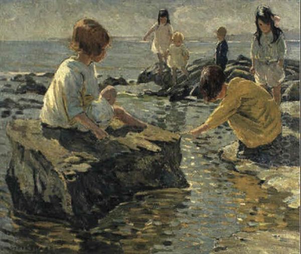 Children Playing By A Rockpool Oil Painting by Dorothea Sharp