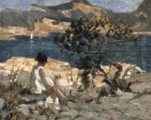 Children Sitting On The Rocks Oil Painting by Dorothea Sharp