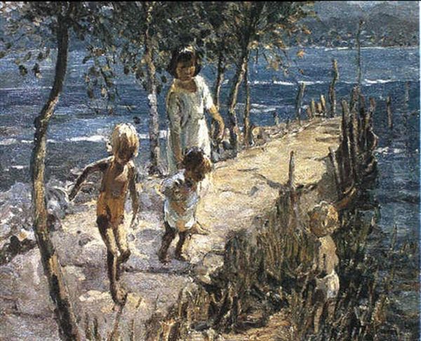Children On A Jetty Oil Painting by Dorothea Sharp