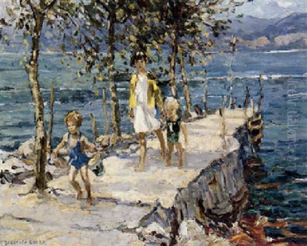 Children On The Quay, Lake Como Oil Painting by Dorothea Sharp