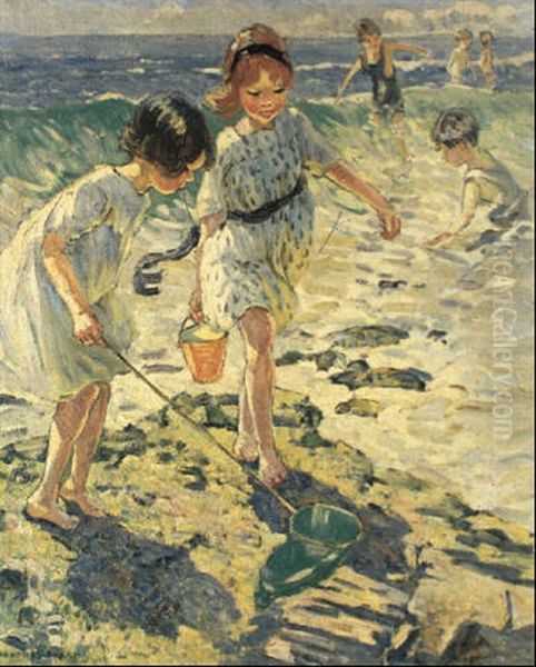 Children Playing On The Beach Oil Painting by Dorothea Sharp
