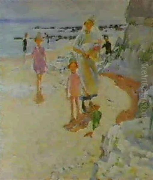 Nurse With Children On The Beach Oil Painting by Dorothea Sharp