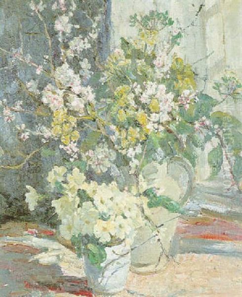 Primroses And Apple Blossom Oil Painting by Dorothea Sharp