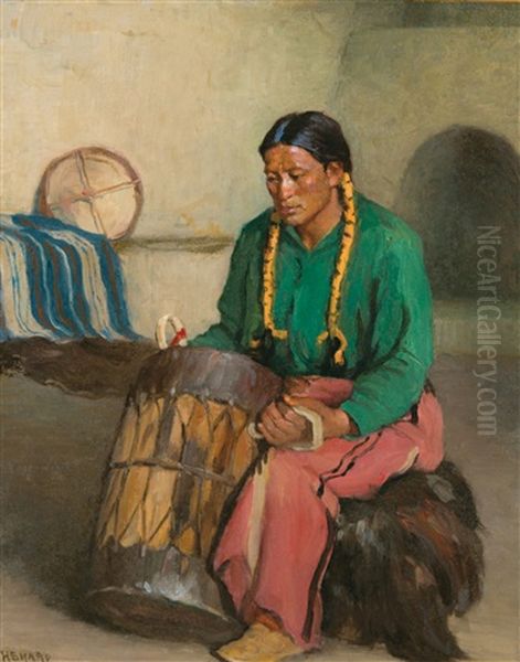 Taos Ceremonial Drummer Oil Painting by Joseph Henry Sharp