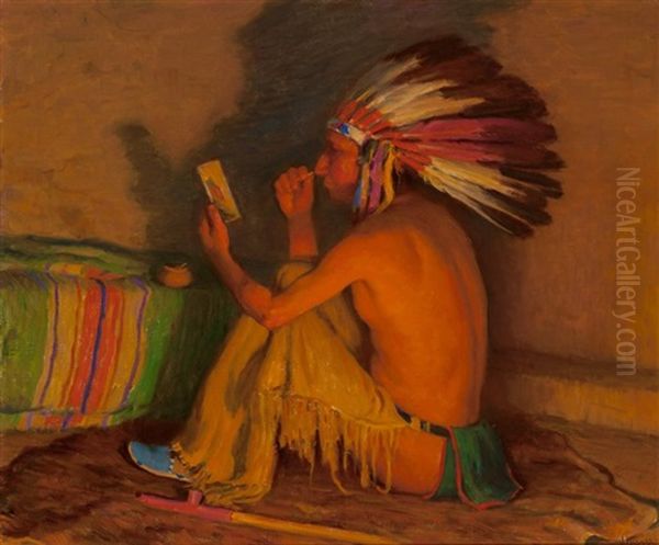 Painting His Face For The Dance Oil Painting by Joseph Henry Sharp