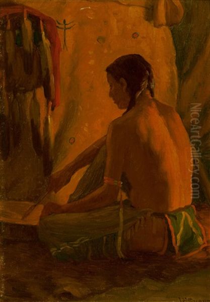 Working By Firelight Oil Painting by Joseph Henry Sharp