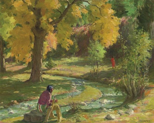 Bawling Deer & Son, Black Deer -- Taos Oil Painting by Joseph Henry Sharp