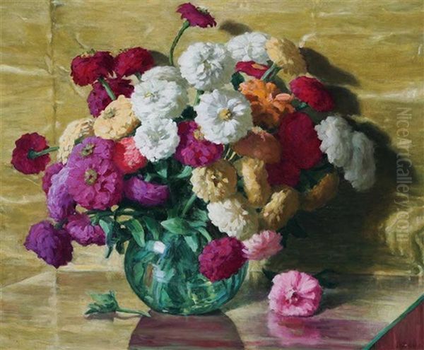 Zinnias Oil Painting by Joseph Henry Sharp