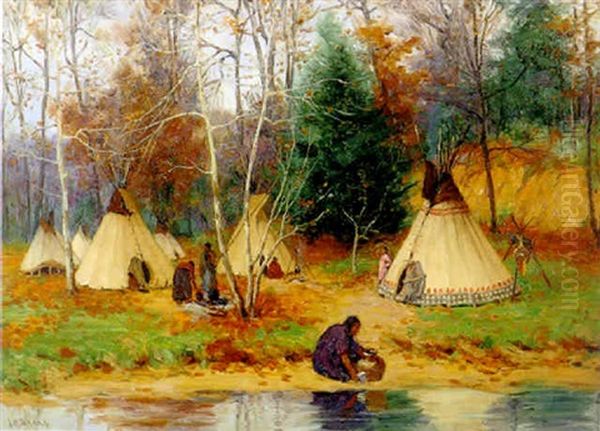 Indian Encampment In The Woods Oil Painting by Joseph Henry Sharp