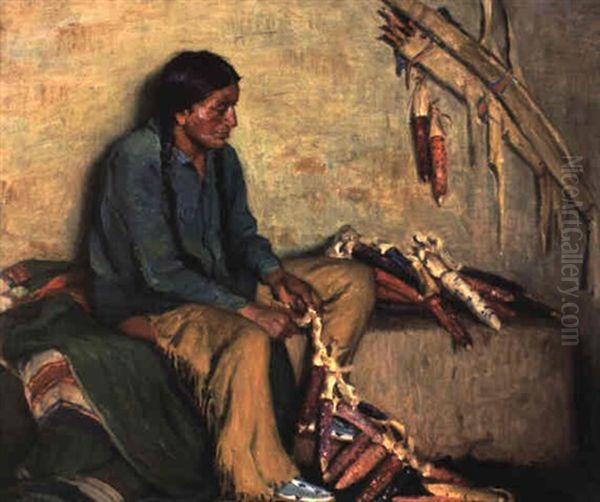 Stringing Winter Corn Oil Painting by Joseph Henry Sharp