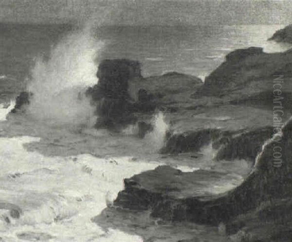 Blow Hole At Night, Moonlight Oil Painting by Joseph Henry Sharp