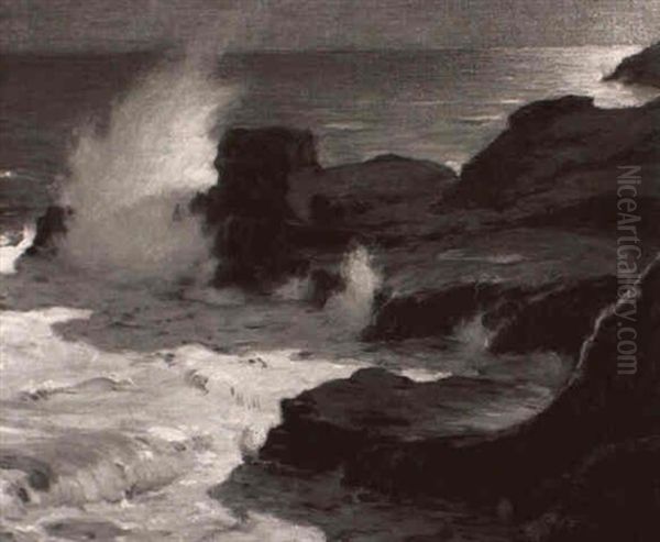 Blow Hole At Night, Moonlight Oil Painting by Joseph Henry Sharp