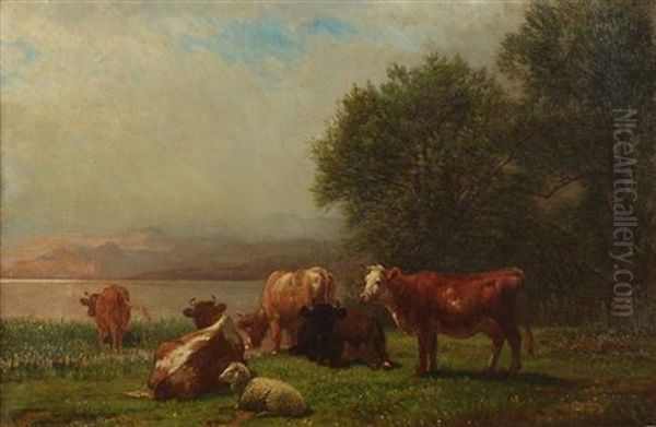 Grazing Along The Water Oil Painting by Aaron Draper Shattuck