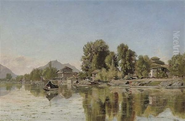 Village Scene On A River, Northern India (chenab River ?) Oil Painting by Frederick William John Shore