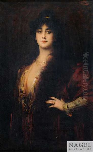 Bildnis Einer Dame In Rotem Kleid Als Huftbild Oil Painting by Nathaniel Sichel