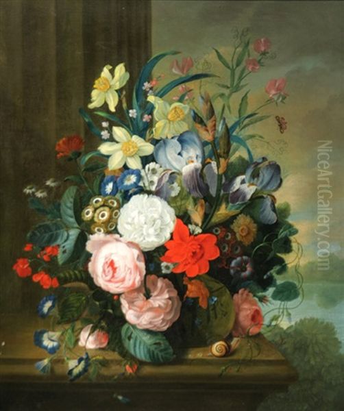 Still Life Of Flowers On A Marble Ledge Oil Painting by James (Sillet) Sillett