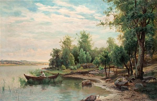 Insjolandskap Med Metande Man Oil Painting by Jacob Silven