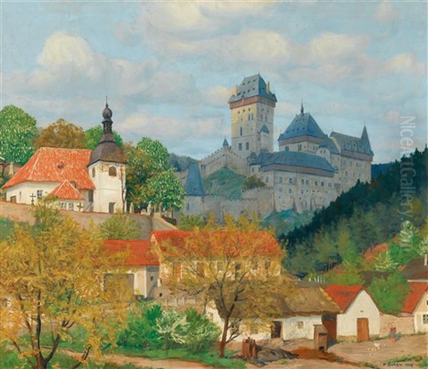View Of Karlstejn Castle Near Prague Oil Painting by Tavik Frantisek Simon