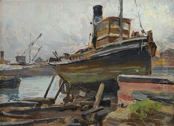 Barche In Secca Oil Painting by Michele De Simone