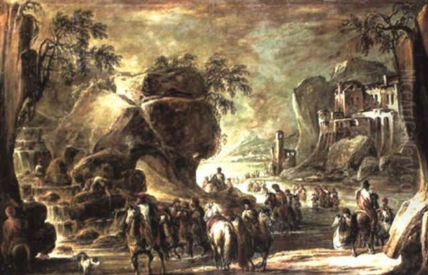 Cossacks Fording The Mouth Of A River, A Cascade Nearby Oil Painting by Francesco Simonini