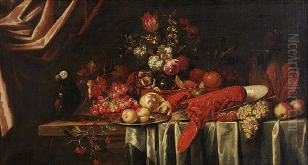 Still Life With Lobster, Fruits And A Bird by Michiel Simons