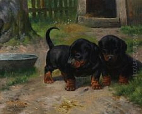 To Gravhundehvalpe Oil Painting by Simon Simonsen