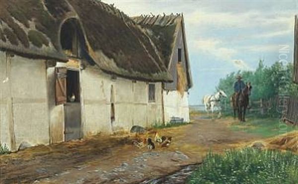 Farm Exterior With Farmer On His Horse Oil Painting by Simon Simonsen