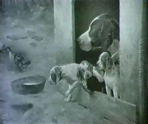 Pointer Med Sine Hvalpe I Hundehuset Oil Painting by Simon Simonsen