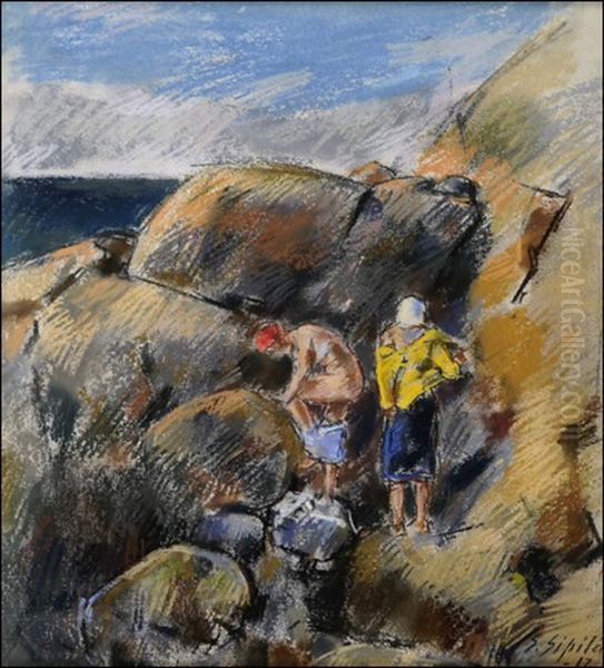 Naisia Rantakivilla Oil Painting by Sulho Sipilae