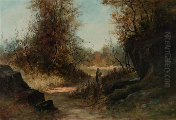 An Untitled French School Composition Of A Figure On A Woodland Path Through A Passage Way Oil Painting by Achille Louis Joseph Sirouy