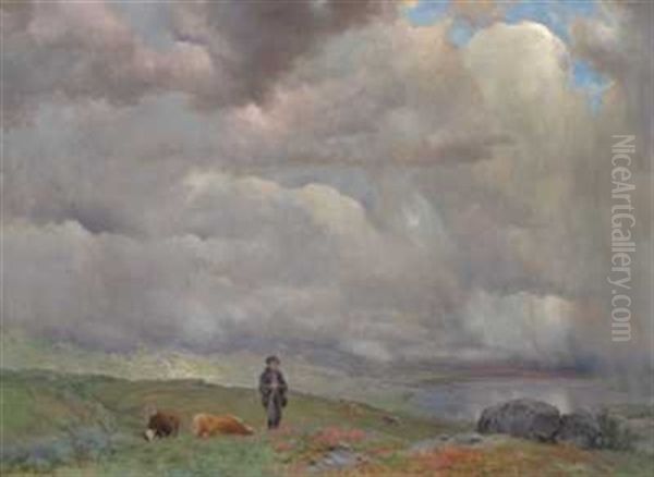 Gjetergutt Med Kyr Oil Painting by Christian Eriksen Skredsvig