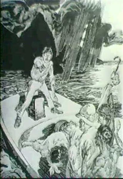 Story Illustration. Man On Boat Pointing Revolver At Others.i Got Your Safe Guv'nor! Oil Painting by John Sloan