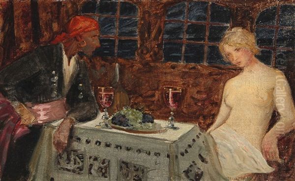 A Pirate And A Half Naked Woman On A Ship Oil Painting by Harald Slott-Moller