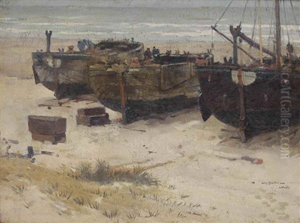 Bomschuiten On The Beach, Katwijk Oil Painting by Willy Sluijter
