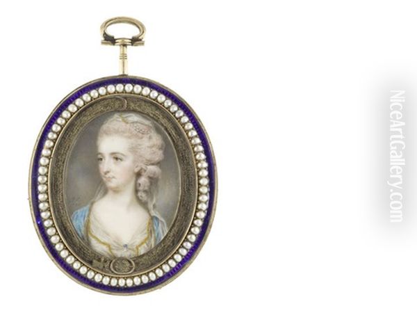 The Hon. Mrs Baldwin, Wearing White Dress Edged With Gold, Sapphire And Pearl Brooch At Her Corsage, Her Fur-trimmed Turquoise Cloak Draped Over Her Shoulders Oil Painting by John Smart the Elder