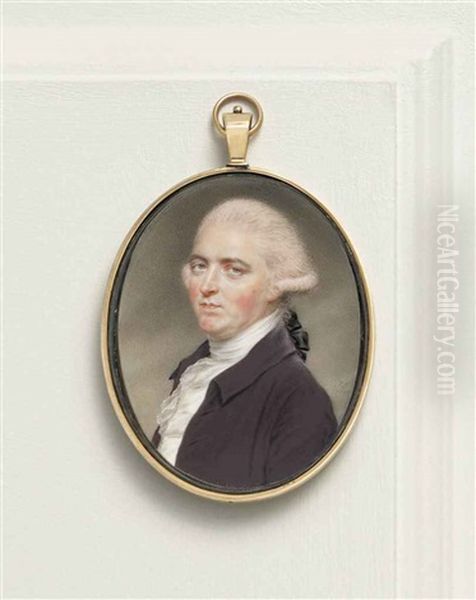 A Gentleman, In Brown Coat, White Shirt, White Knotted Cravat, Powdered Hair En Queue; Nocturnal Sky Background Oil Painting by John Ii Smart