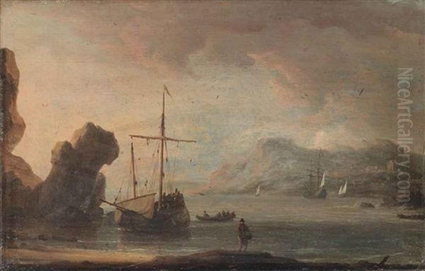 Ships In A Quiet Estuary Oil Painting by Aernout (Johann Arnold) Smit