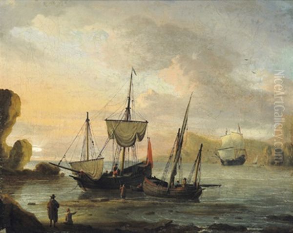 Zwei Frachtboote Und Ein Dreimaster Vor Einer Felsigen Kuste Mit Figuren Oil Painting by Aernout Smit