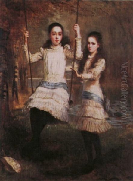 Two Edwardian Sisters Oil Painting by Stephen Catterson Smith the Younger