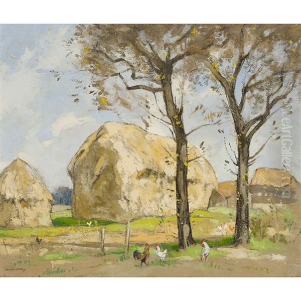 Haystacks And Cockerels Oil Painting by Spence Smith